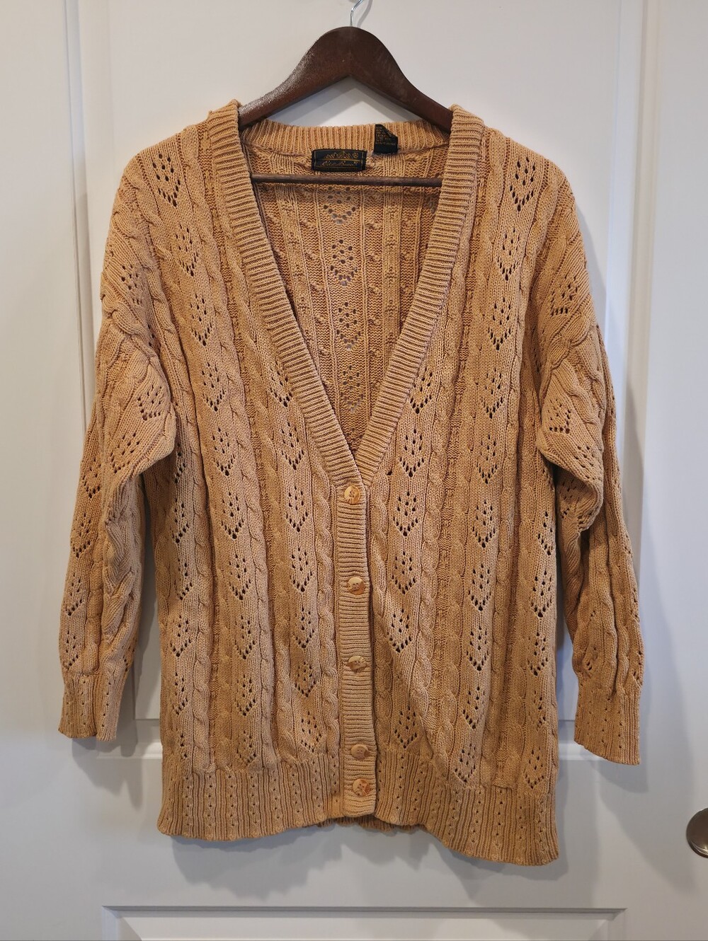 Eddie Bauer Cable Knit Pointelle Cardigan Sweater Orange Gold L